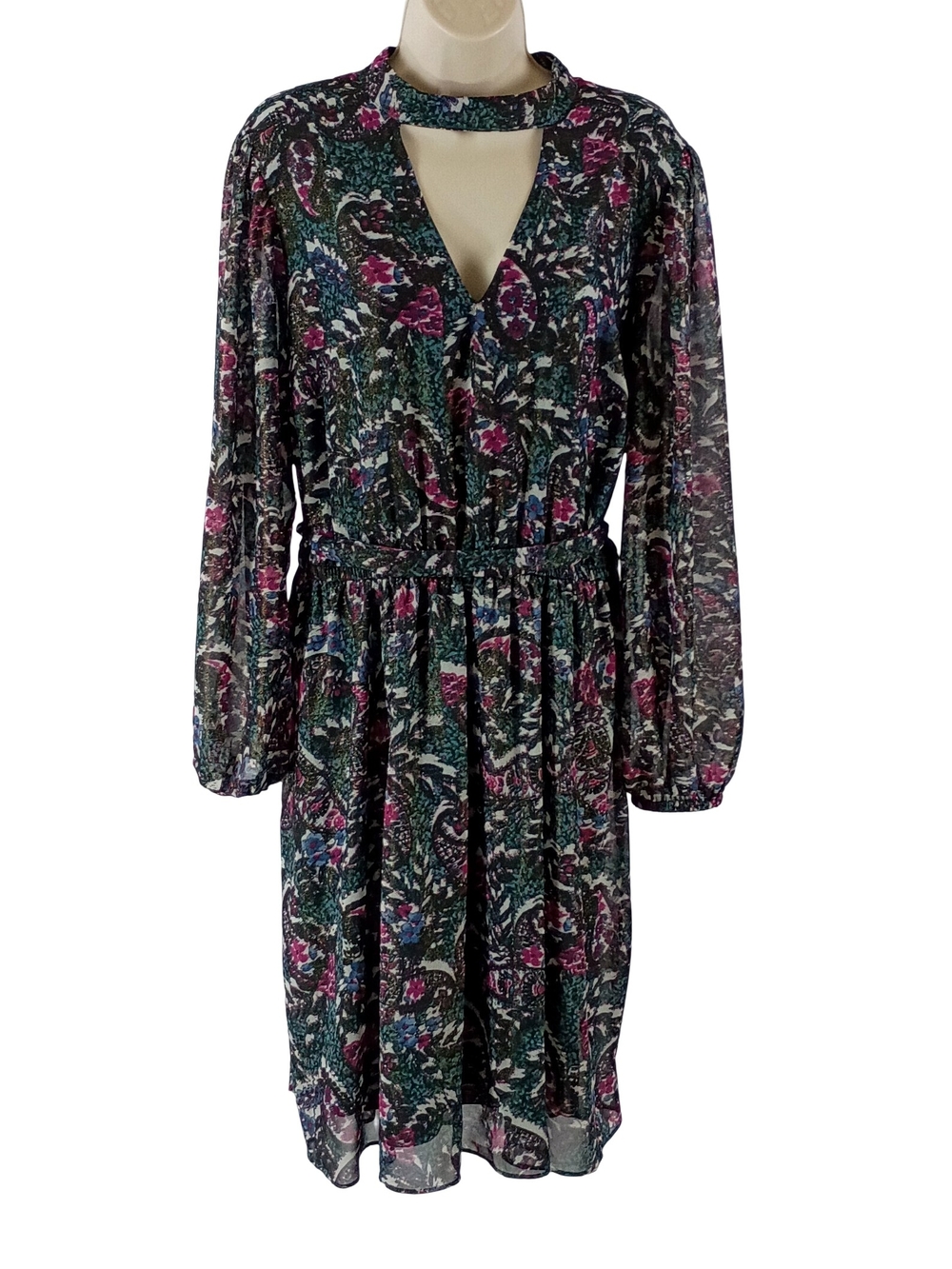 Lane Bryant Green and Pink Floral Keyhole Chiffon Dress